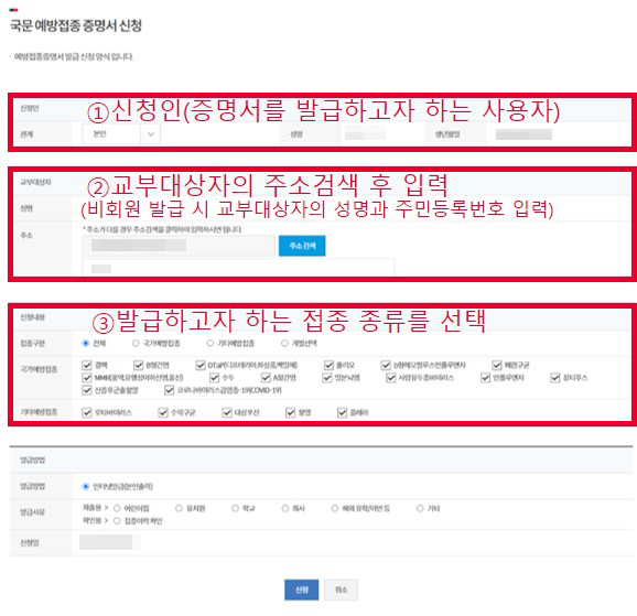 예방접종증명서 신청 화면에 대한 설명